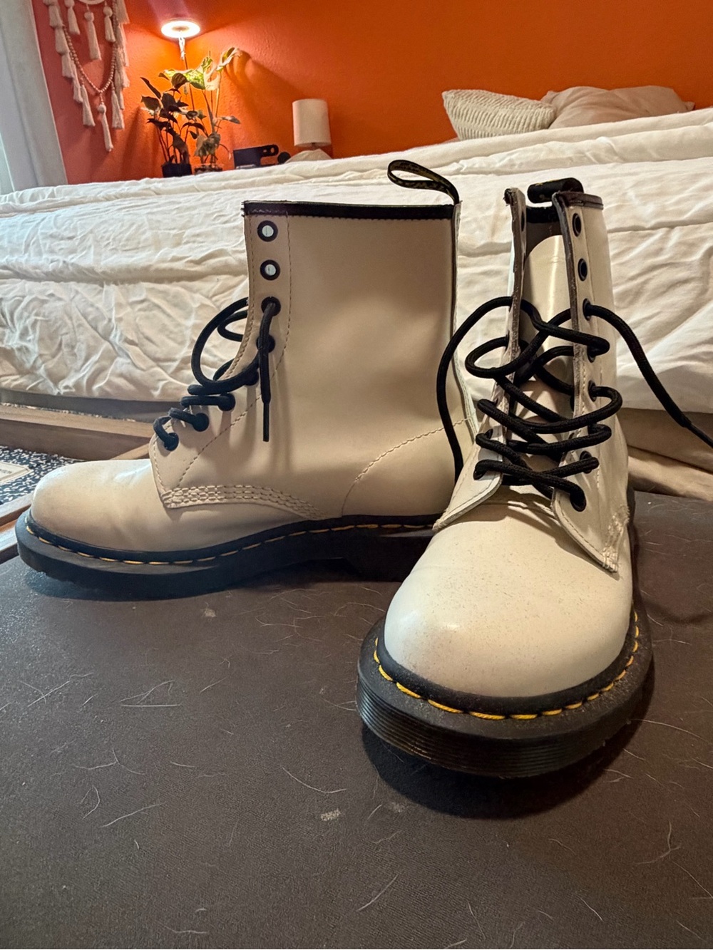 Dr. Martens White Leather Lace-Up Combat Boots with Black Laces